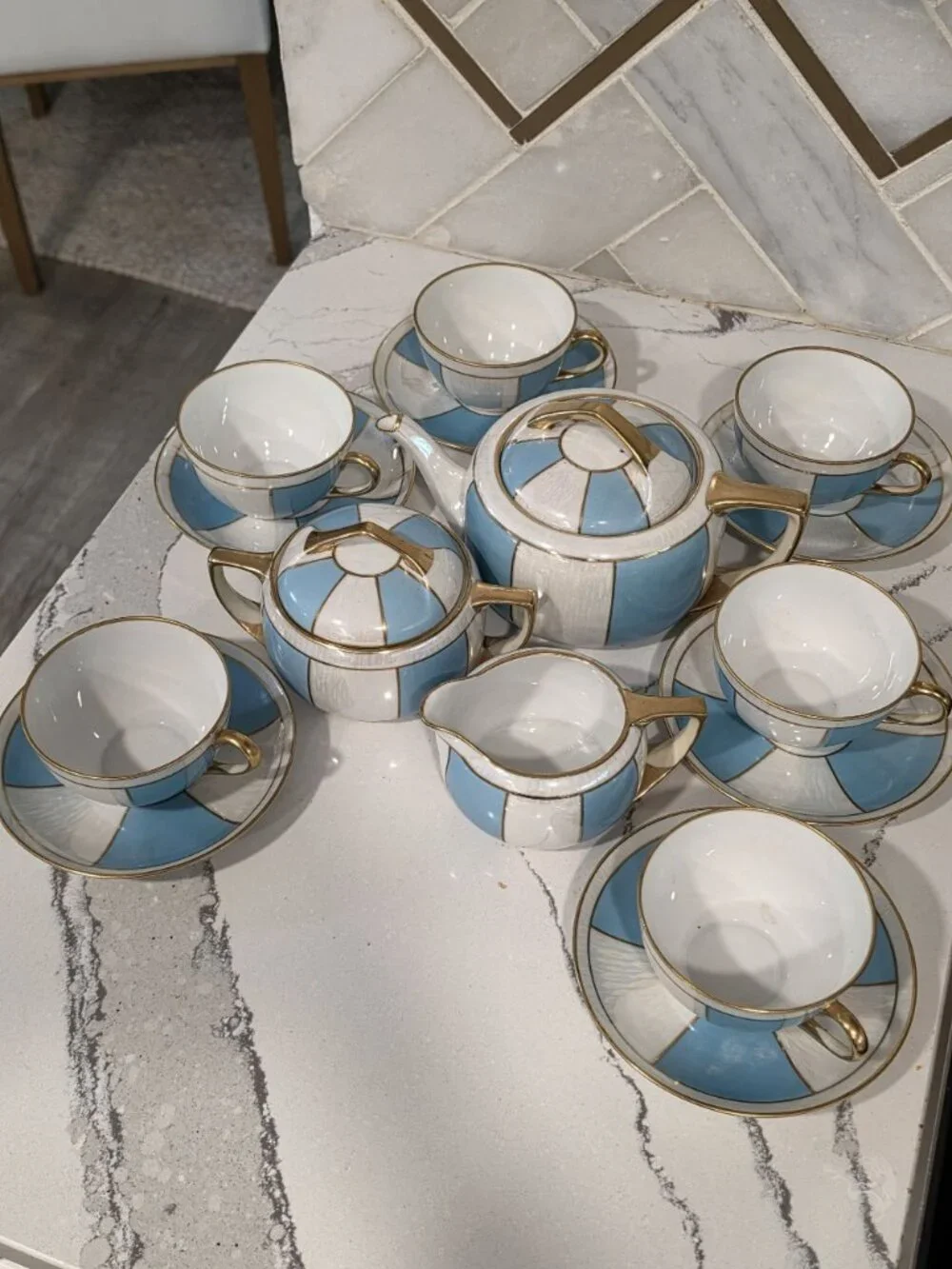 Noritake Tea Set 15-Piece Blue White Pearlescent w/ gold Porcelain Made In Japan